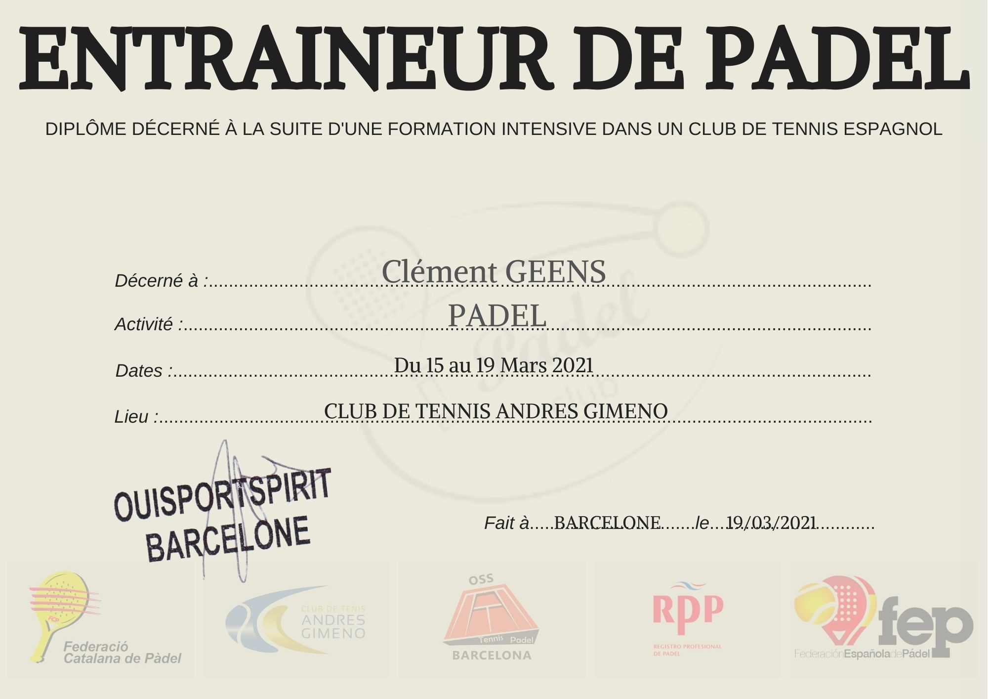 Diplôme Padel Clément Geens - Académie de Padel